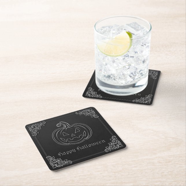 Silver Jack O' Lantern Halloween Square Paper Coaster (Insitu)