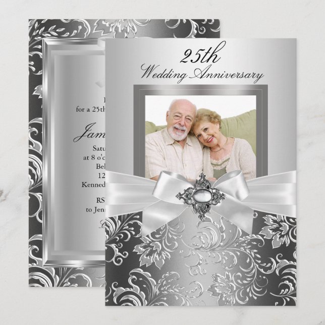 Silver Jewel Bow & Floral 25th Wedding Anniversary Invitation (Front/Back)