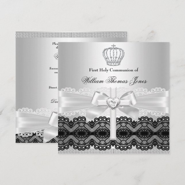 Silver Jewel Cross Boy First Holy Communion Invitation (Front/Back)