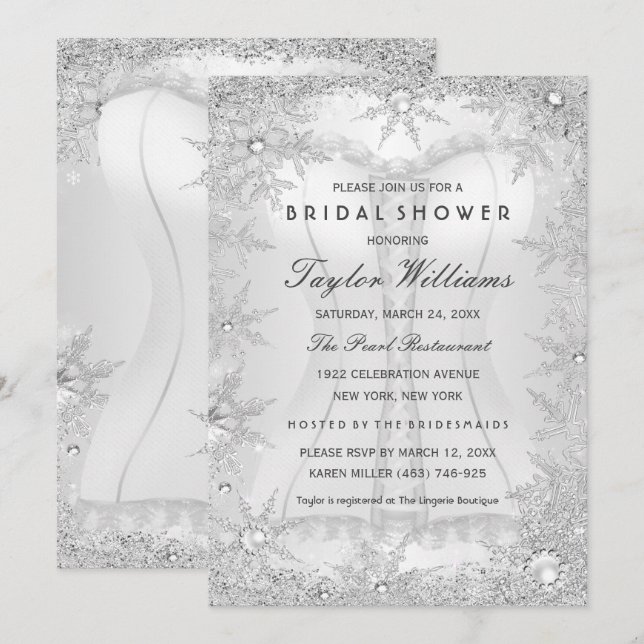 Silver Jewel Snowflake Bridal Shower Corset Invitation (Front/Back)