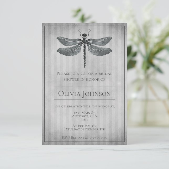 Silver Jewelled Dragonfly Bridal Shower Invitation (Standing Front)