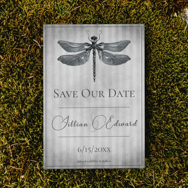 Silver Jewelled Dragonfly Save the Date Announcement (Silver Jeweled Dragonfly Save the Date Wedding Announcement)