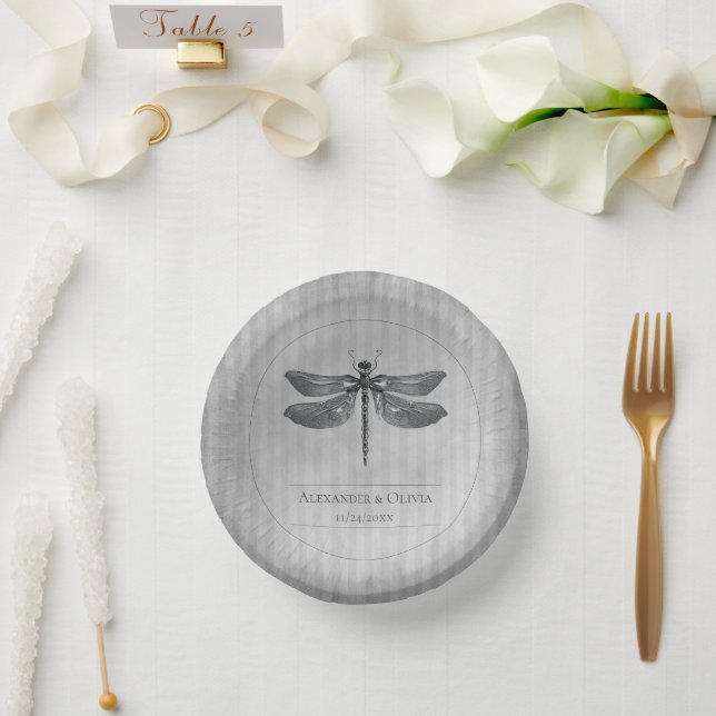 Silver Jewelled Dragonfly Wedding Paper Plate (Wedding)