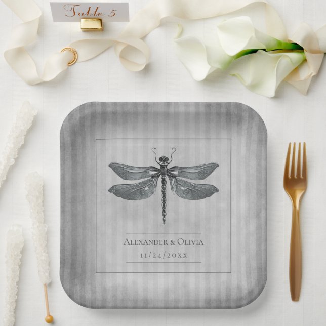 Silver Jewelled Dragonfly Wedding Paper Plate (Wedding)