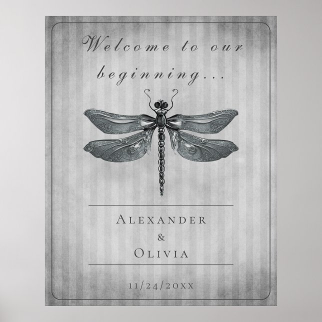 Silver Jewelled Dragonfly Wedding Welcome Poster (Front)