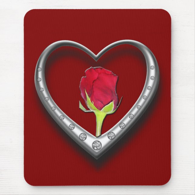 Silver Jewellery Valentine Heart with Red Rose Mouse Mat (Front)