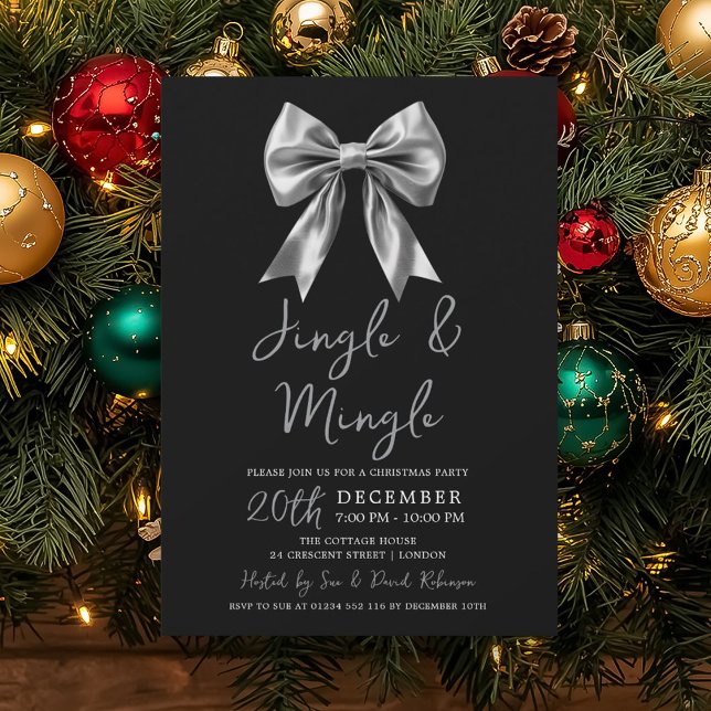 Silver Jingle Mingle Christmas Party Bow Black Invitation (Silver Jingle Mingle Christmas Party Bow Black Invitation)