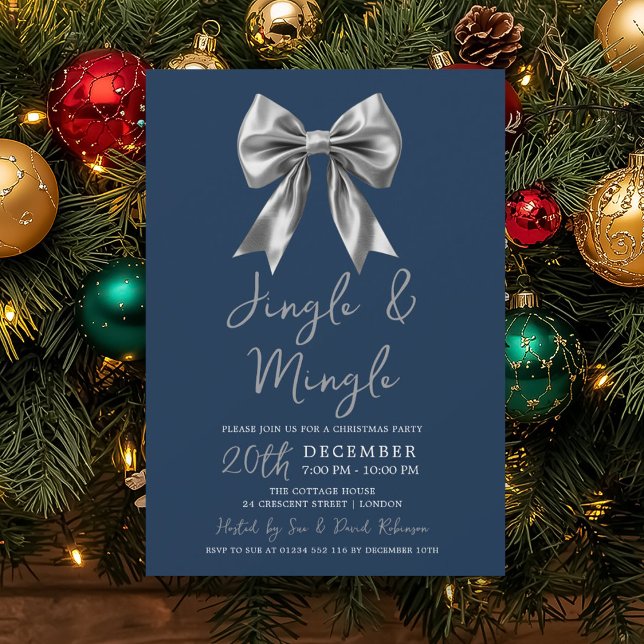 Silver Jingle Mingle Christmas Party Bow Navy  Invitation (Silver Jingle Mingle Christmas Party Bow Navy Invitation)