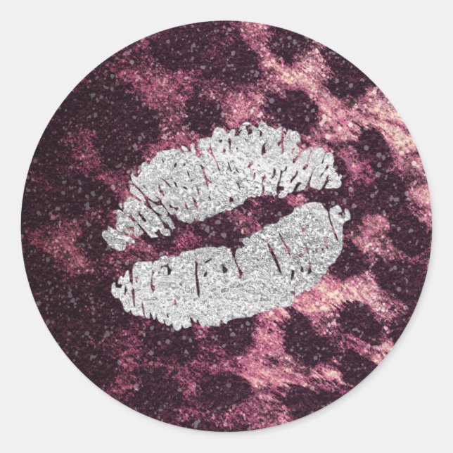 Silver Kiss Lips Glitter Sparkly Cheetah Leopard Classic Round Sticker (Front)