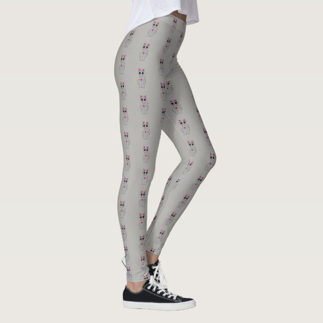 Silver Kitty Cat Cartoon Pattern on Light Grey Leggings (Right)