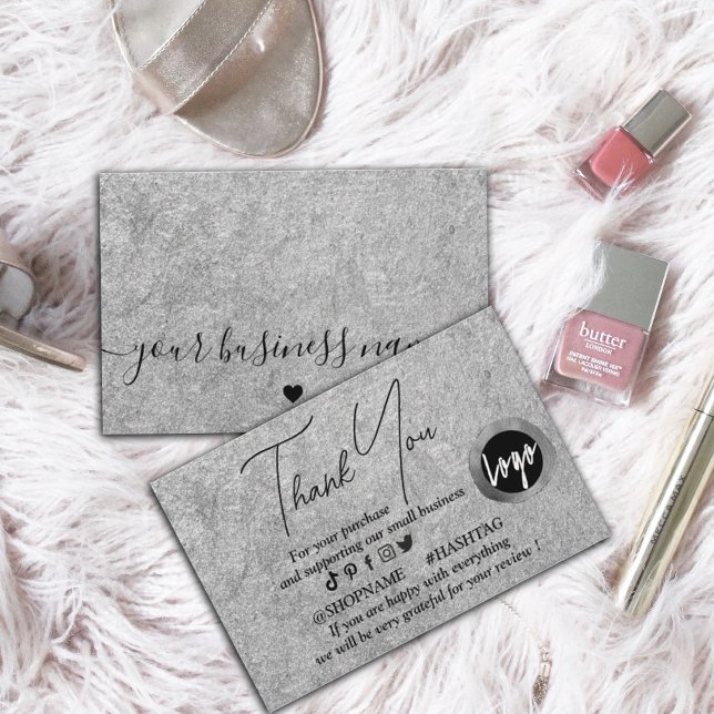 Silver Kraft paper custom logo thank you   Business Card (#silverthankyoucard #supportbusiness #addyourlogo #zazzlemade #silverandblack #script #calligraphic)