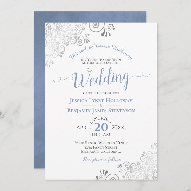 Silver Lace and Dusty Blue Formal White Wedding Invitation (Front/Back)