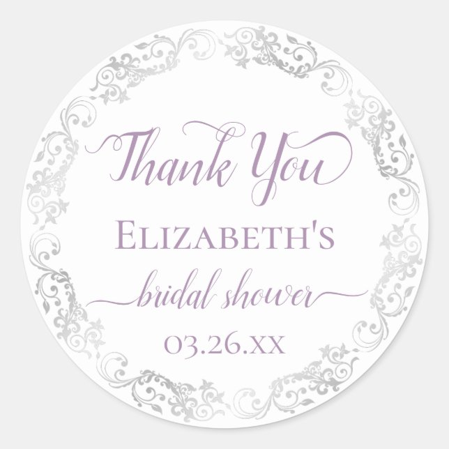 Silver Lace and Lavender Bridal Shower Thank You Classic Round Sticker (Front)