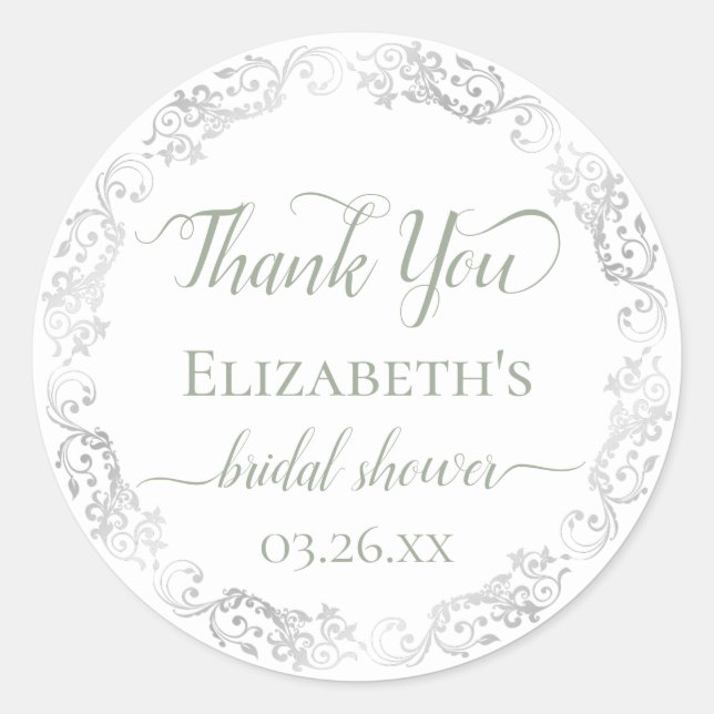 Silver Lace and Sage Green Bridal Shower Thank You Classic Round Sticker (Front)