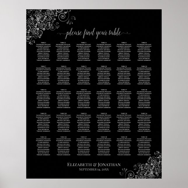 Silver Lace Black 30 Table Wedding Seating Chart (Front)