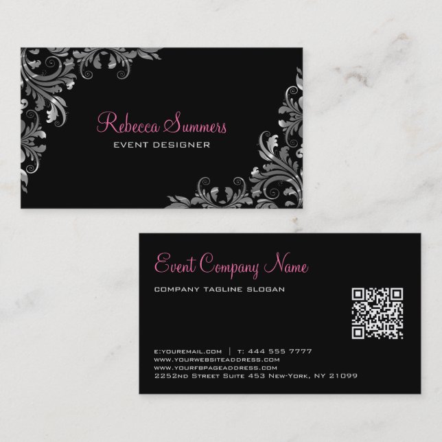 Silver Lace Black Damasks Business Card (Front/Back)