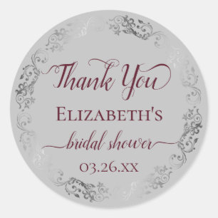 Silver Lace Burgundy Grey Bridal Shower Thank You Classic Round Sticker