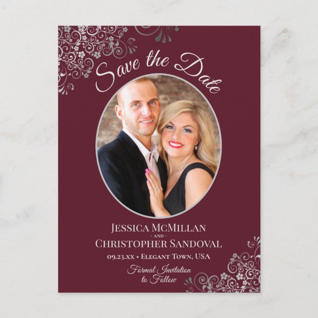 Silver Lace Burgundy Wedding Save the Date Photo Announcement Postcard (Front)