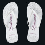 Silver Lace Cassis on White Bridesmaid Wedding Flip Flops<br><div class="desc">These elegant wedding flip flops are a great way to thank and recognise your bridesmaids, while giving their feet a rest after a long day. The beautiful design features an elegant design with silver grey lace frills on a white background and fancy cassis purple, magenta, or berry coloured script lettering....</div>