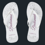 Silver Lace Cassis on White Bridesmaid Wedding Flip Flops<br><div class="desc">These elegant wedding flip flops are a great way to thank and recognise your bridesmaids, while giving their feet a rest after a long day. The beautiful design features an elegant design with silver grey lace frills on a white background and fancy cassis purple, magenta, or berry coloured script lettering....</div>