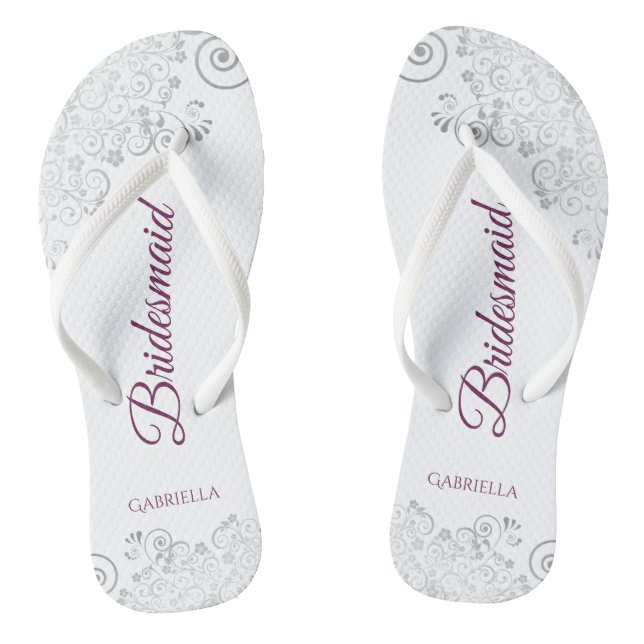 Silver Lace Cassis on White Bridesmaid Wedding Flip Flops (Footbed)