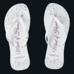 Silver Lace Cassis on White Maid of Honour Wedding Flip Flops<br><div class="desc">These beautiful wedding flip flops are a great way to thank and recognise your Maid of Honour while saving her feet at the same time. Features an elegant design with silver grey lace on a white background and fancy cassis purple, magenta, or berry coloured script lettering. The test reads Maid...</div>