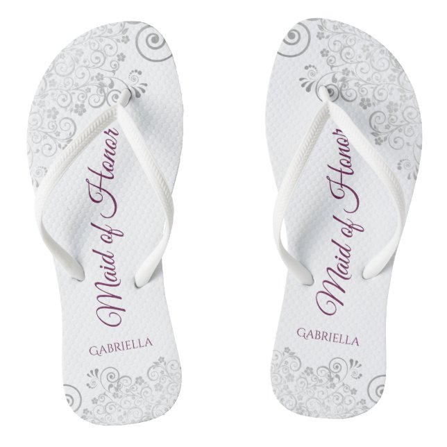Silver Lace Cassis on White Maid of Honour Wedding Flip Flops (Footbed)