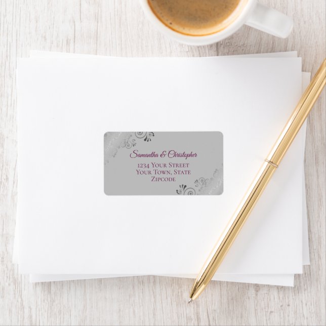 Silver Lace Cassis Purple on Grey Wedding Address  Label (Insitu)