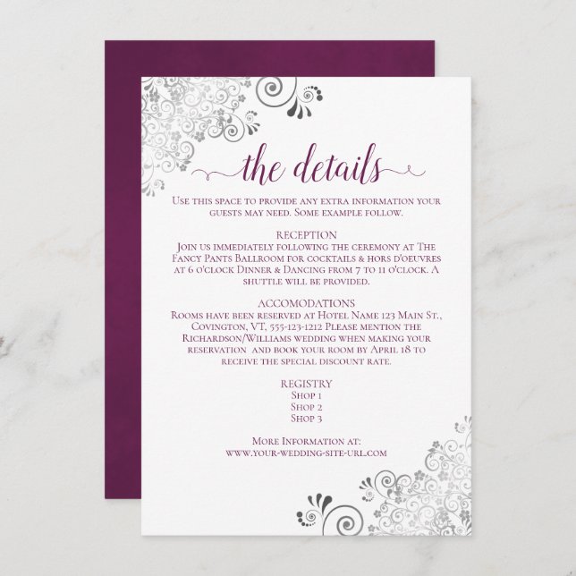 Silver Lace Cassis Purple on White Wedding Details Enclosure Card (Front/Back)