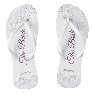 Silver Lace Cassis Purple The Bride White Wedding Flip Flops