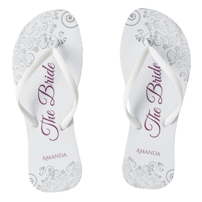 Silver Lace Cassis Purple The Bride White Wedding Flip Flops (Footbed)