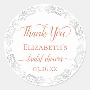 Silver Lace & Coral Orange Bridal Shower Thank You Classic Round Sticker