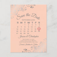 Silver Lace Coral Wedding Save the Date Calendar