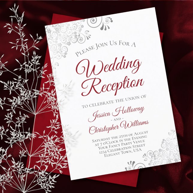 Silver Lace Crimson Red on White Wedding Reception Invitation (Creator Uploaded)