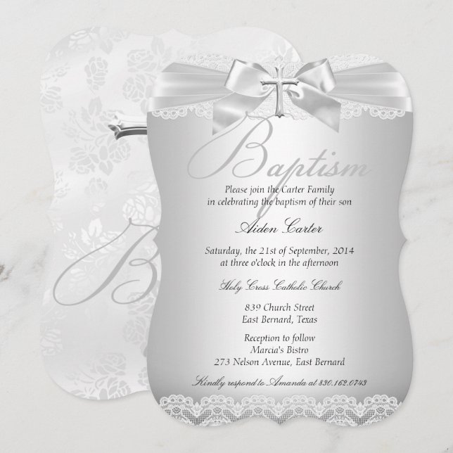 Silver Lace & Cross Baptism Boy or Girl 2 Invitation (Front/Back)