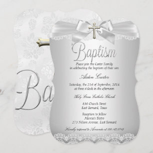 Silver Lace & Cross Baptism Boy or Girl Invitation
