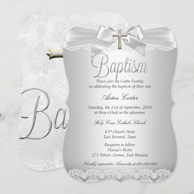 Silver Lace & Cross Baptism Boy or Girl Invitation (Front/Back)