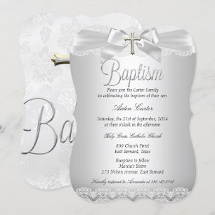 Silver Lace & Cross Baptism Boy or Girl Invitation