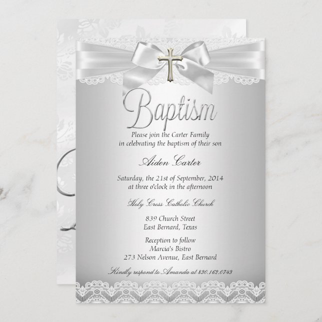 Silver Lace & Cross Baptism Boy or Girl Invitation (Front/Back)