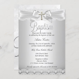 Silver Lace & Cross Baptism Boy or Girl Invitation