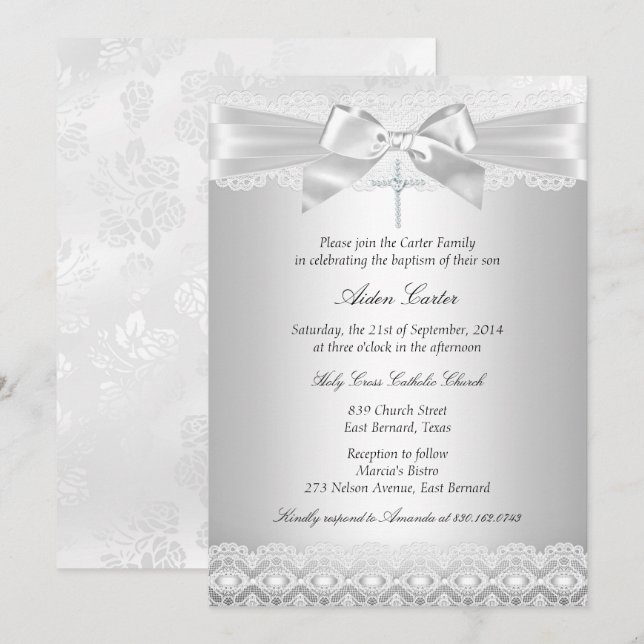 Silver Lace & Cross Baptism Invite (Front/Back)