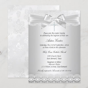 Silver Lace & Cross Baptism Invite