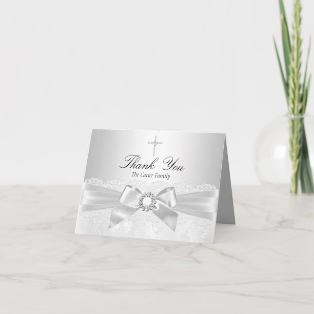 Silver Lace & Cross Baptism Thank You Card (Front)