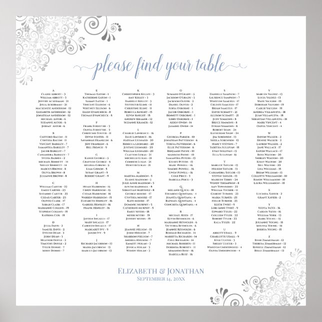 Silver Lace Dusty Blue Alphabetical Seating Chart (Front)