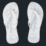 Silver Lace & Dusty Blue Maid of Honour Wedding Flip Flops<br><div class="desc">These beautiful wedding flip flops are a great way to thank and recognise your Maid of Honour while saving her feet at the same time. Features an elegant design with silver grey lace on a white background and fancy dusty blue script lettering. The test reads Maid of Honour with her...</div>