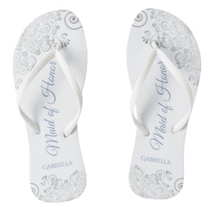 Silver Lace & Dusty Blue Maid of Honour Wedding Flip Flops