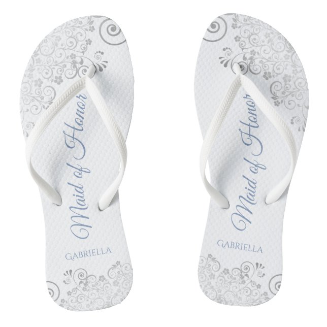 Silver Lace & Dusty Blue Maid of Honour Wedding Flip Flops (Footbed)