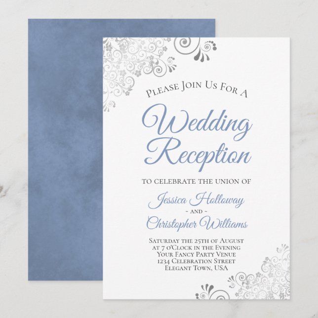 Silver Lace Dusty Blue on White Wedding Reception Invitation (Front/Back)