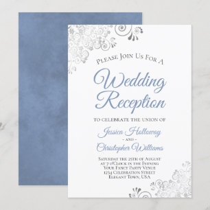 Silver Lace Dusty Blue on White Wedding Reception Invitation