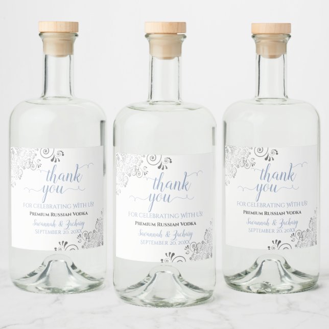 Silver Lace Dusty Blue on White Wedding Thank You Liquor Bottle Label (Bottles)